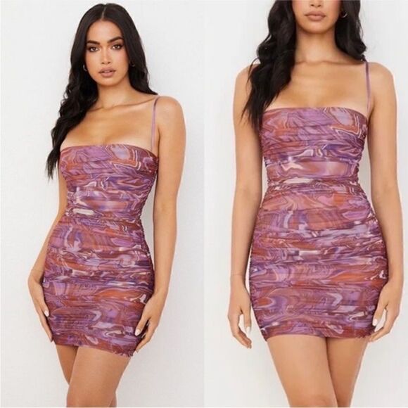 House of CB Ella Swirl  Mesh Mini Dress in Purple Pink Swirl - Picture 1 of 12